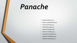 Panache
• KARAN DUBEY(C001)
• PRAFUL BHARGAVA(C006)
• AYUSHI GUPTA(C013)
• PRASHAM JAIN(C015)
• SHREYA KHARE(C018)
• AKSHAY KHATRI(C019)
• AAKARSHA LAMBA(C021)
• SURBHI CHORARIA(C023)
• APURVE PAHARIA(C027)
 