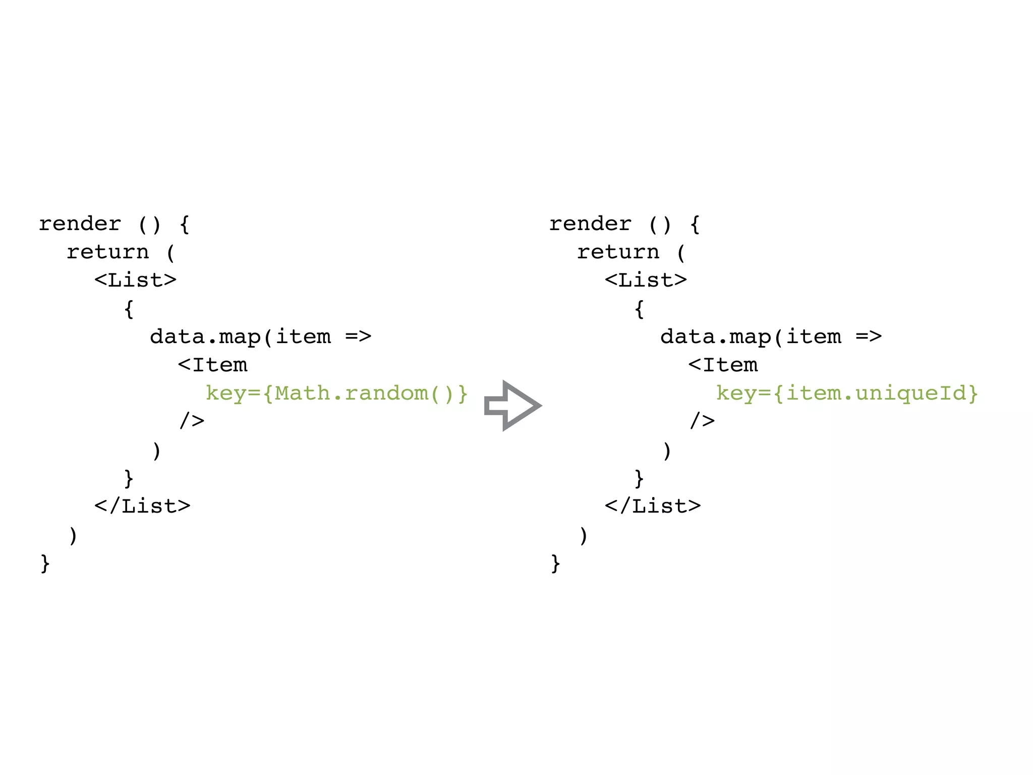 render () { return ( <List> { data.map(item => <Item key={item.uniqueId} /> ) } </List> ) } render () { return ( <List> { data.map(item => <Item key={Math.random()} /> ) } </List> ) } 