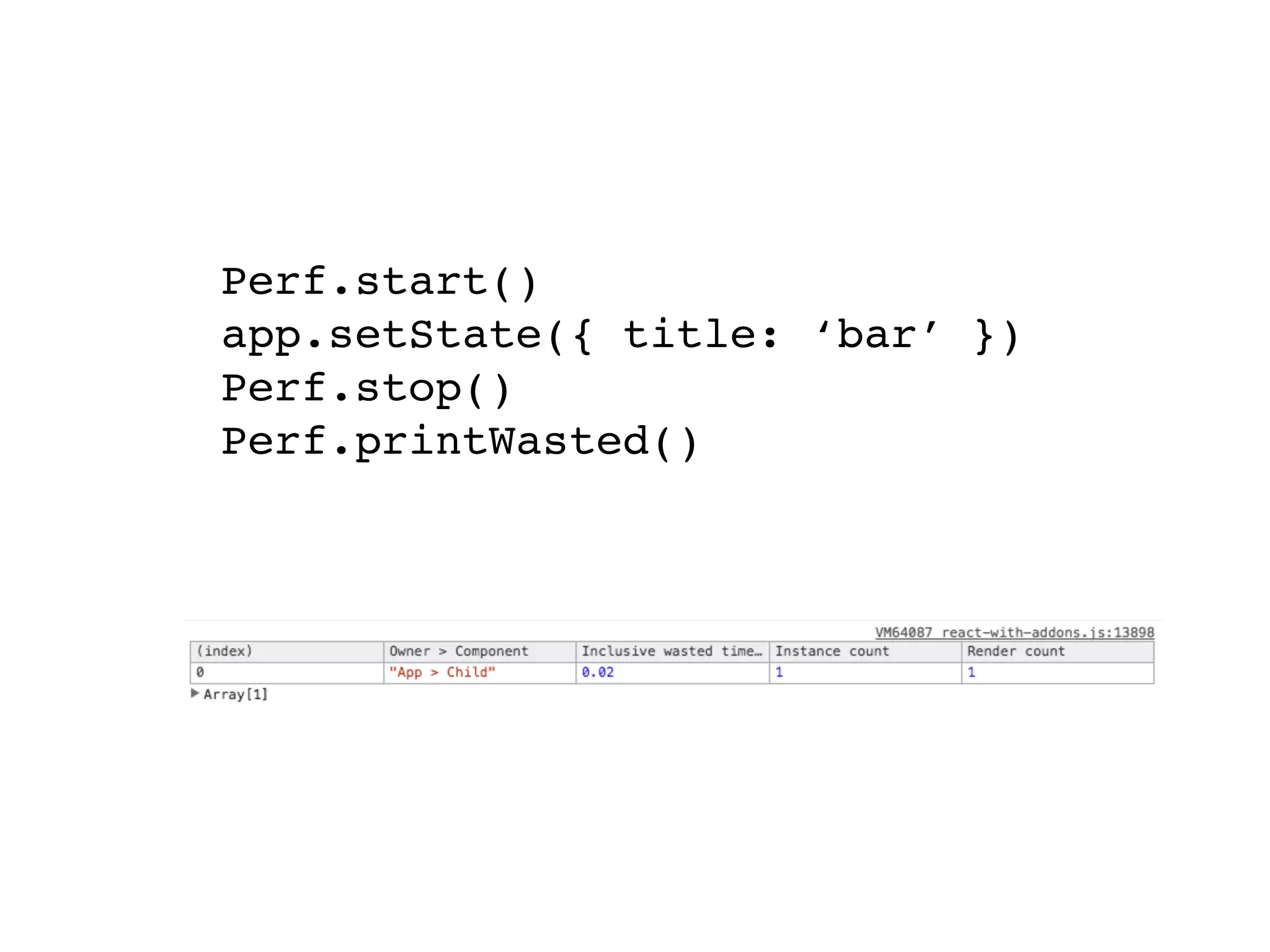 Perf.start() app.setState({ title: ‘bar’ }) Perf.stop() Perf.printWasted() 