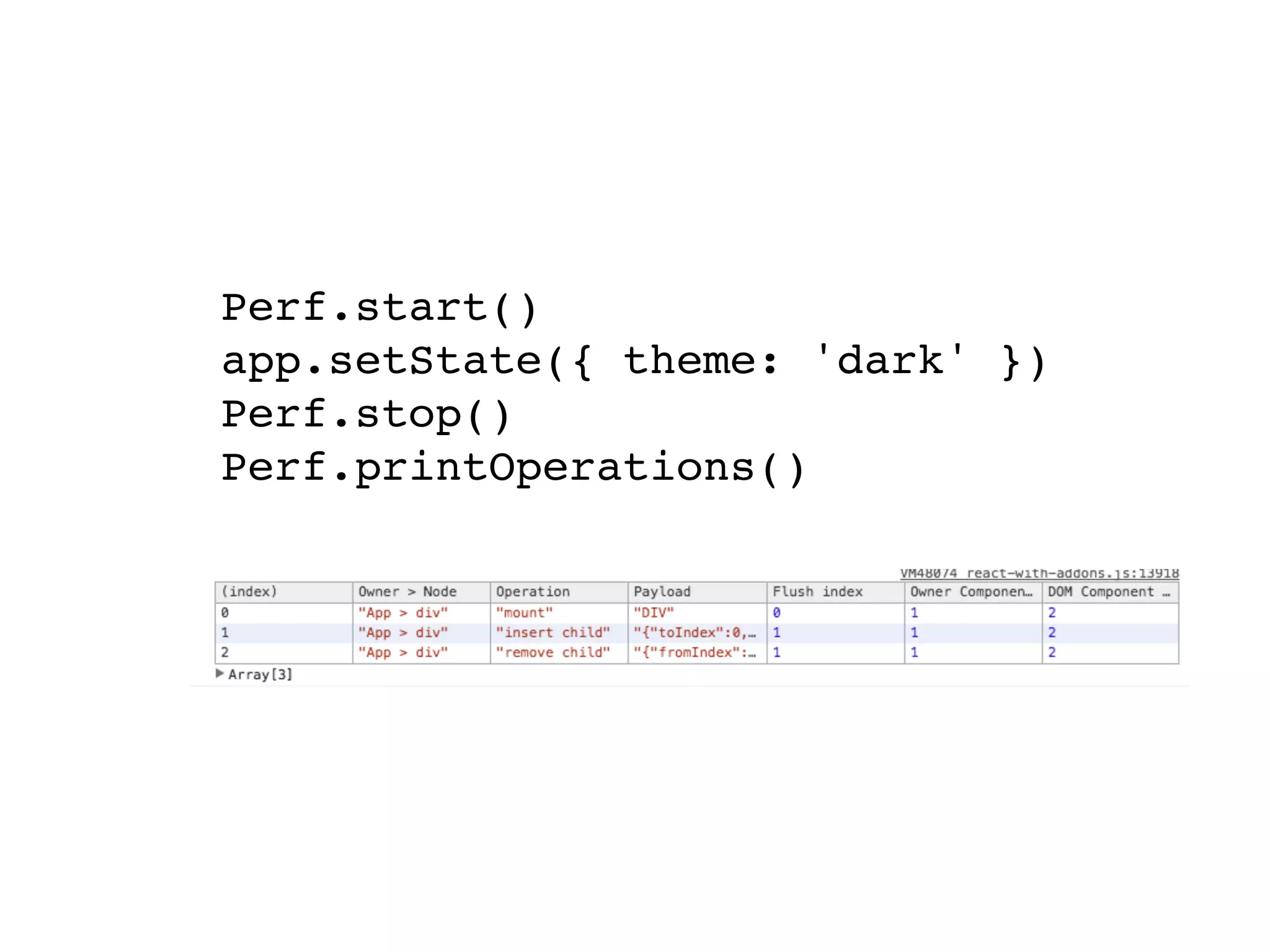 Perf.start() app.setState({ theme: 'dark' }) Perf.stop() Perf.printOperations() 