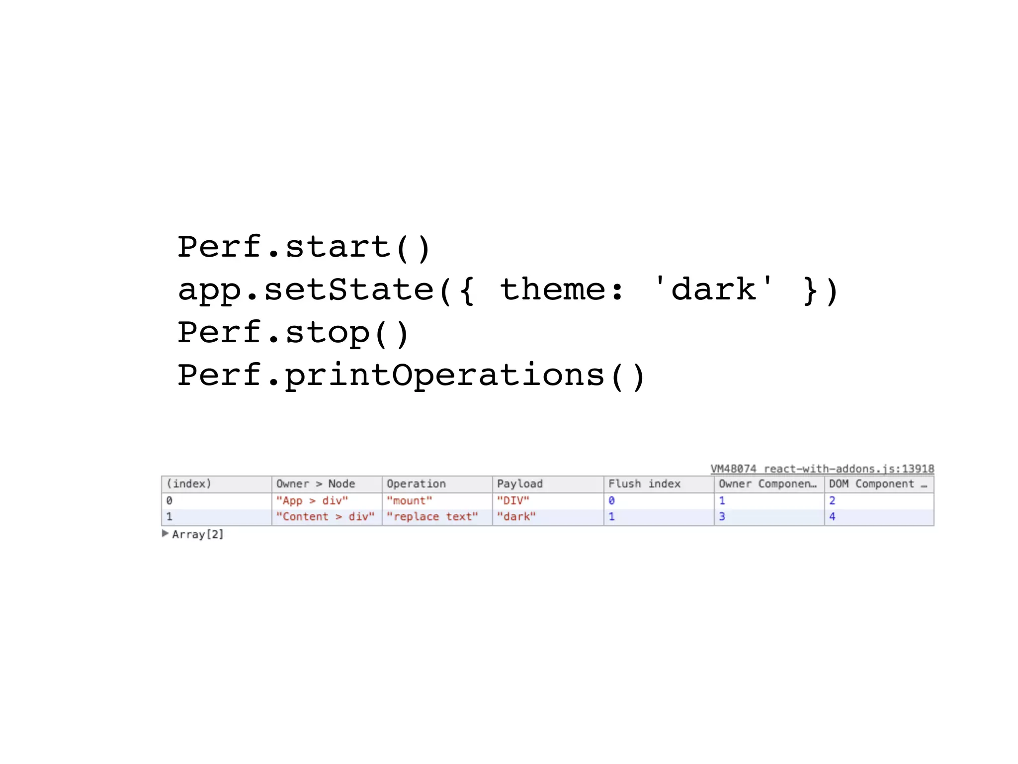 Perf.start() app.setState({ theme: 'dark' }) Perf.stop() Perf.printOperations() 