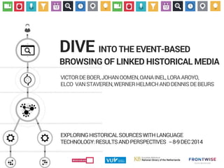 DIVE INTO THE EVENT-BASED 
BROWSING OF LINKED HISTORICAL MEDIA 
VICTOR DE BOER, JOHAN OOMEN, OANA INEL, LORA AROYO, 
ELCO VAN STAVEREN, WERNER HELMICH AND DENNIS DE BEURS 
EXPLORING HISTORICAL SOURCES WITH LANGUAGE 
TECHNOLOGY: RESULTS AND PERSPECTIVES --8-9 DEC 2014 
 