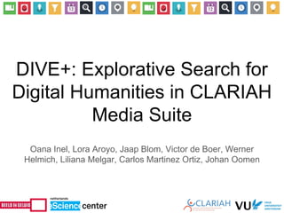 DIVE+: Explorative Search for
Digital Humanities in CLARIAH
Media Suite
Oana Inel, Lora Aroyo, Jaap Blom, Victor de Boer, Werner
Helmich, Liliana Melgar, Carlos Martinez Ortiz, Johan Oomen
 
