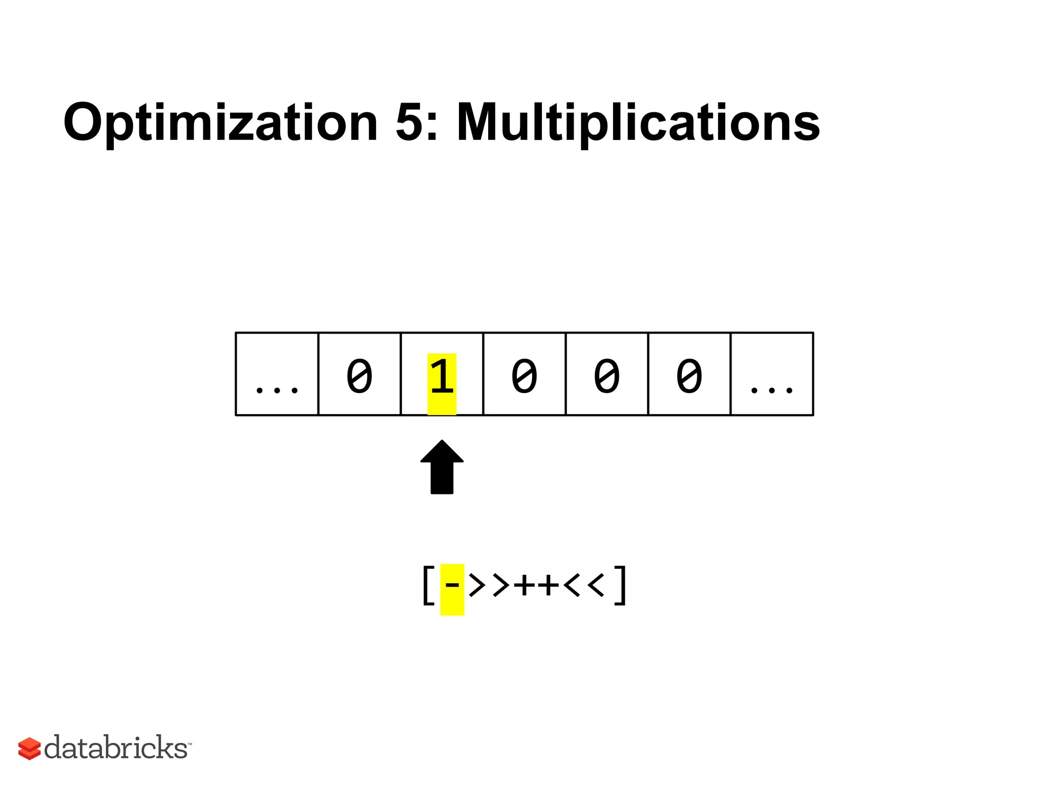 Optimization 5: Multiplications
0 1 0 0 0 ……
[->>++<<]
 