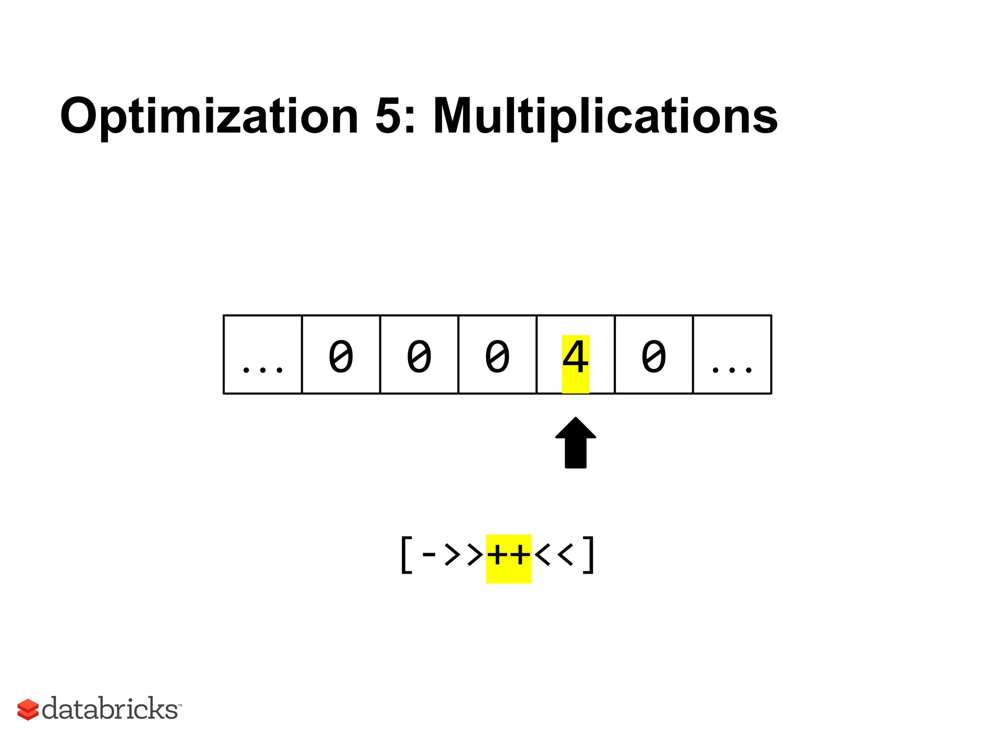 Optimization 5: Multiplications
0 0 0 4 0 ……
[->>++<<]
 