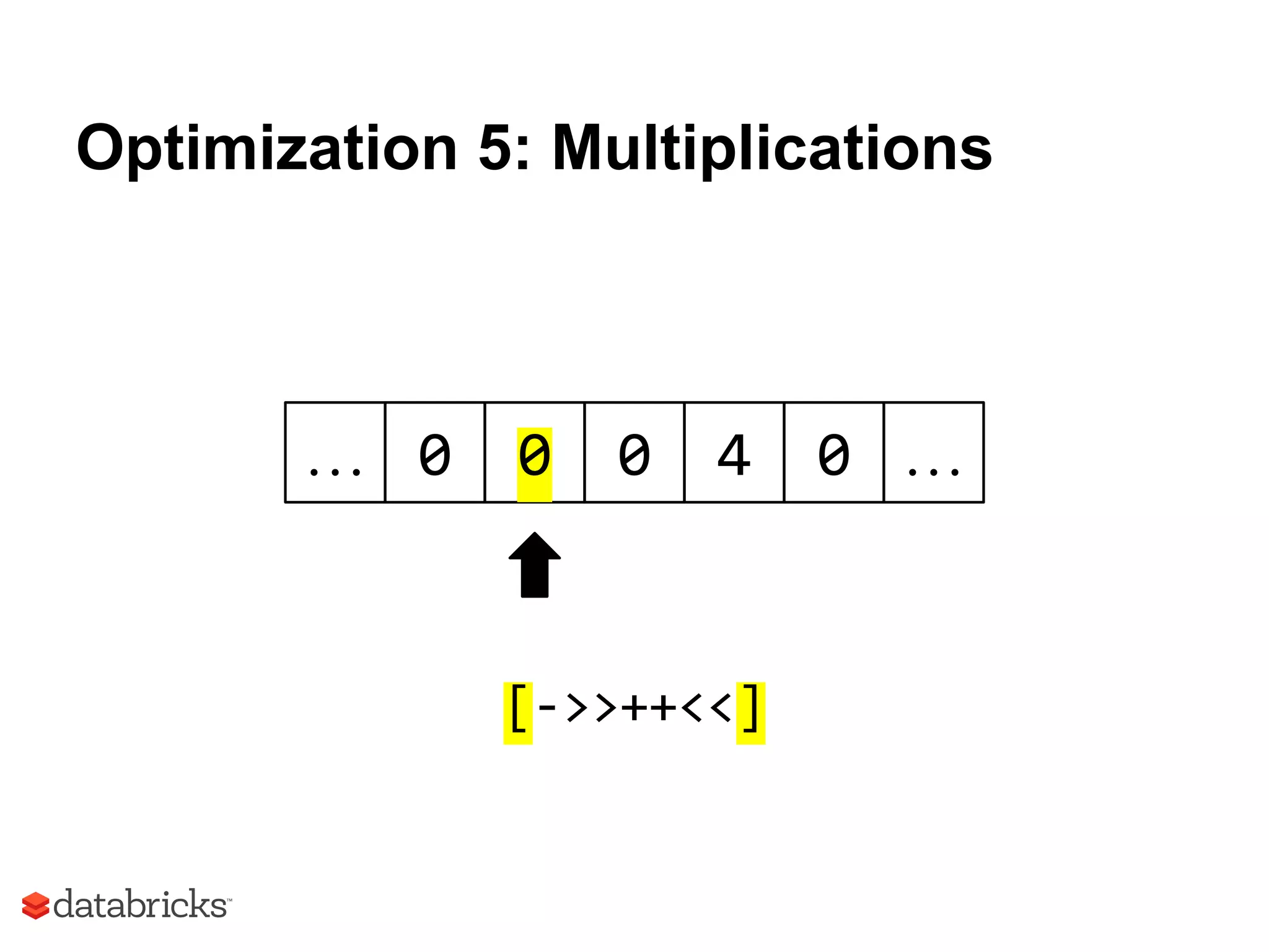 Optimization 5: Multiplications
0 0 0 4 0 ……
[->>++<<]
 