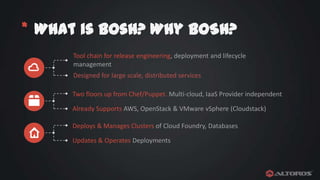 * What is Bosh? Why BOSH?
Tool chain for release engineering, deployment and lifecycle
management

Designed for large scale, distributed services
Two floors up from Chef/Puppet. Multi-cloud, IaaS Provider independent
Already Supports AWS, OpenStack & VMware vSphere (Cloudstack)
Deploys & Manages Clusters of Cloud Foundry, Databases
Updates & Operates Deployments

 