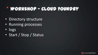 * Workshop – Cloud Foundry
•
•
•
•

Directory structure
Running processes
logs
Start / Stop / Status

 