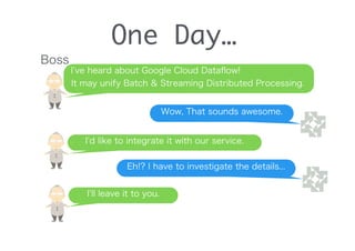 One Day…
Boss
I ve heard about Google Cloud Dataﬂow!
It may unify Batch & Streaming Distributed Processing.
Wow, That sounds awesome.
I d like to integrate it with our service.
Eh!? I have to investigate the details...
I ll leave it to you.
 