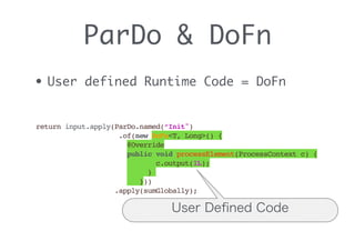 ParDo & DoFn
• User defined Runtime Code = DoFn
return input.apply(ParDo.named(“Init")
.of(new DoFn<T, Long>() {
@Override
public void processElement(ProcessContext c) {
c.output(1L);
}
}))
.apply(sumGlobally);
User Deﬁned Code
 