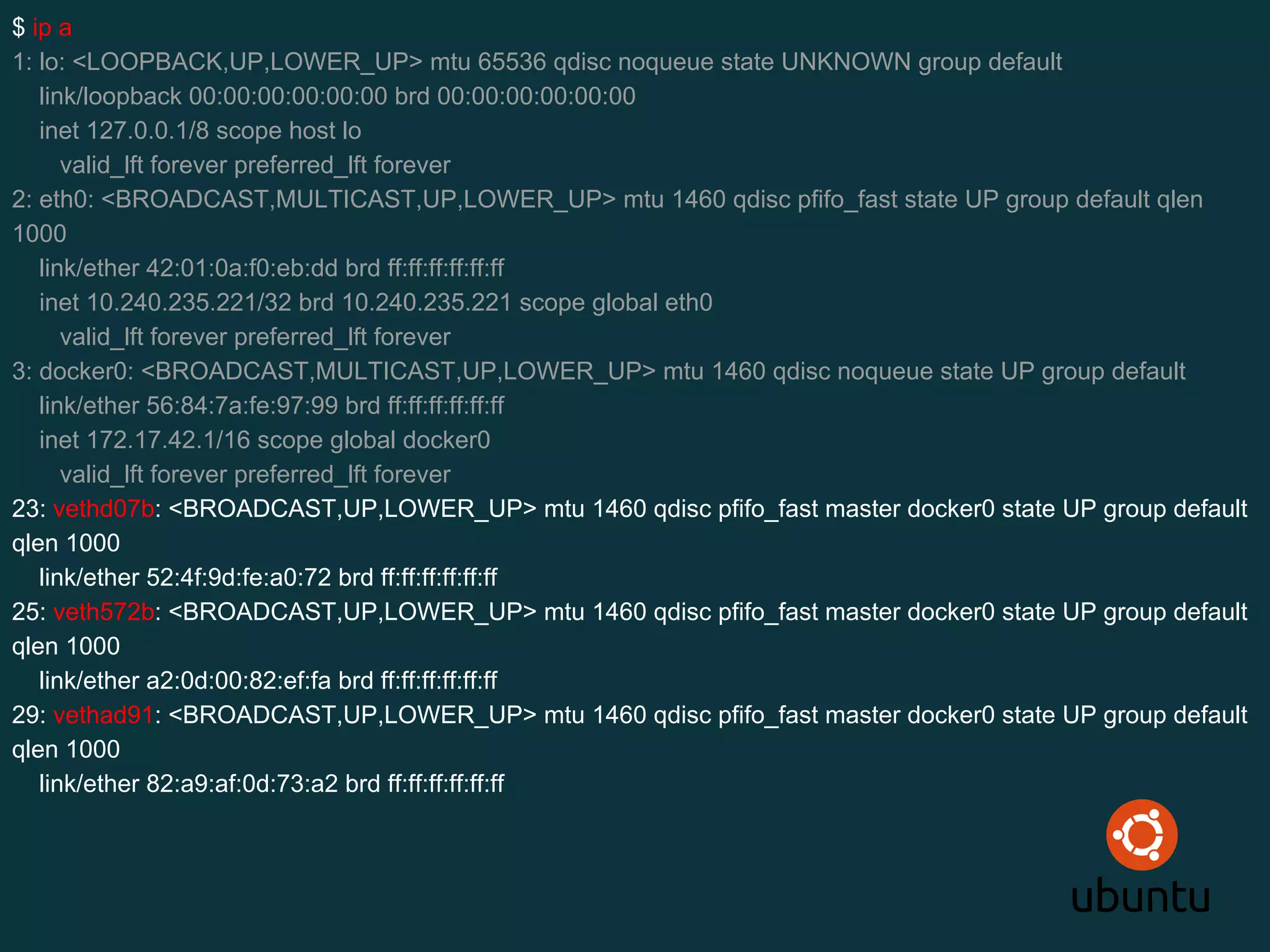 $ ip a
1: lo: <LOOPBACK,UP,LOWER_UP> mtu 65536 qdisc noqueue state UNKNOWN group default
link/loopback 00:00:00:00:00:00 brd 00:00:00:00:00:00
inet 127.0.0.1/8 scope host lo
valid_lft forever preferred_lft forever
2: eth0: <BROADCAST,MULTICAST,UP,LOWER_UP> mtu 1460 qdisc pfifo_fast state UP group default qlen
1000
link/ether 42:01:0a:f0:eb:dd brd ff:ff:ff:ff:ff:ff
inet 10.240.235.221/32 brd 10.240.235.221 scope global eth0
valid_lft forever preferred_lft forever
3: docker0: <BROADCAST,MULTICAST,UP,LOWER_UP> mtu 1460 qdisc noqueue state UP group default
link/ether 56:84:7a:fe:97:99 brd ff:ff:ff:ff:ff:ff
inet 172.17.42.1/16 scope global docker0
valid_lft forever preferred_lft forever
23: vethd07b: <BROADCAST,UP,LOWER_UP> mtu 1460 qdisc pfifo_fast master docker0 state UP group default
qlen 1000
link/ether 52:4f:9d:fe:a0:72 brd ff:ff:ff:ff:ff:ff
25: veth572b: <BROADCAST,UP,LOWER_UP> mtu 1460 qdisc pfifo_fast master docker0 state UP group default
qlen 1000
link/ether a2:0d:00:82:ef:fa brd ff:ff:ff:ff:ff:ff
29: vethad91: <BROADCAST,UP,LOWER_UP> mtu 1460 qdisc pfifo_fast master docker0 state UP group default
qlen 1000
link/ether 82:a9:af:0d:73:a2 brd ff:ff:ff:ff:ff:ff
 