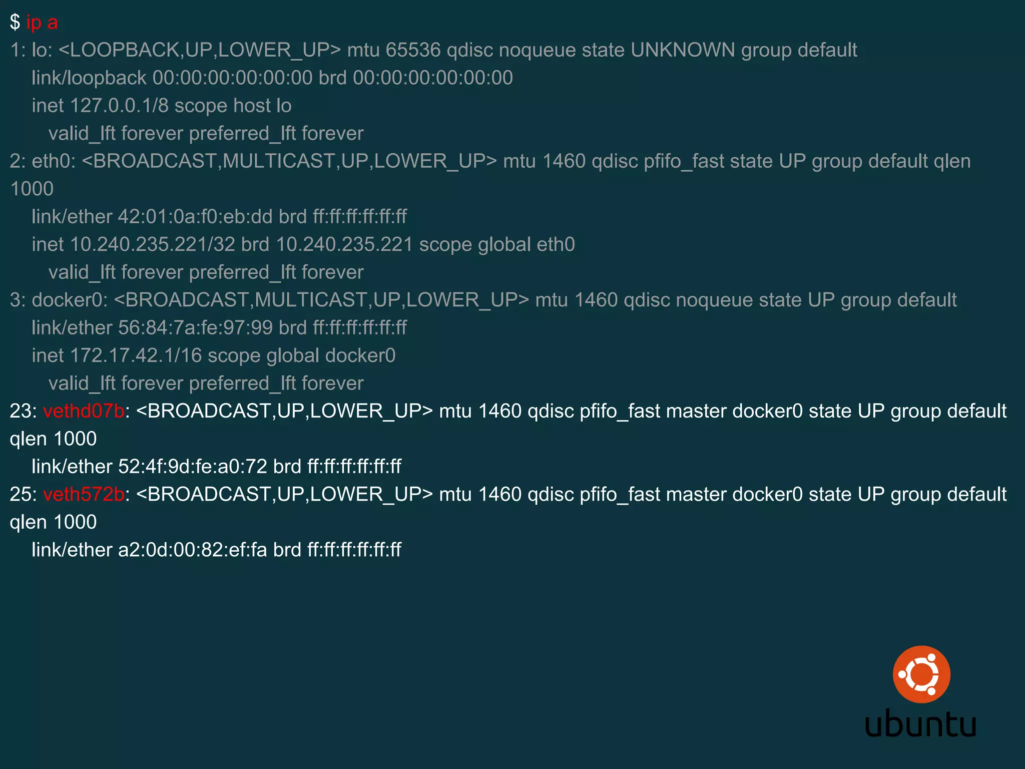 $ ip a
1: lo: <LOOPBACK,UP,LOWER_UP> mtu 65536 qdisc noqueue state UNKNOWN group default
link/loopback 00:00:00:00:00:00 brd 00:00:00:00:00:00
inet 127.0.0.1/8 scope host lo
valid_lft forever preferred_lft forever
2: eth0: <BROADCAST,MULTICAST,UP,LOWER_UP> mtu 1460 qdisc pfifo_fast state UP group default qlen
1000
link/ether 42:01:0a:f0:eb:dd brd ff:ff:ff:ff:ff:ff
inet 10.240.235.221/32 brd 10.240.235.221 scope global eth0
valid_lft forever preferred_lft forever
3: docker0: <BROADCAST,MULTICAST,UP,LOWER_UP> mtu 1460 qdisc noqueue state UP group default
link/ether 56:84:7a:fe:97:99 brd ff:ff:ff:ff:ff:ff
inet 172.17.42.1/16 scope global docker0
valid_lft forever preferred_lft forever
23: vethd07b: <BROADCAST,UP,LOWER_UP> mtu 1460 qdisc pfifo_fast master docker0 state UP group default
qlen 1000
link/ether 52:4f:9d:fe:a0:72 brd ff:ff:ff:ff:ff:ff
25: veth572b: <BROADCAST,UP,LOWER_UP> mtu 1460 qdisc pfifo_fast master docker0 state UP group default
qlen 1000
link/ether a2:0d:00:82:ef:fa brd ff:ff:ff:ff:ff:ff
 