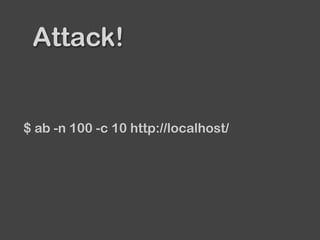 Attack!
$ ab -n 100 -c 10 http://localhost/
 