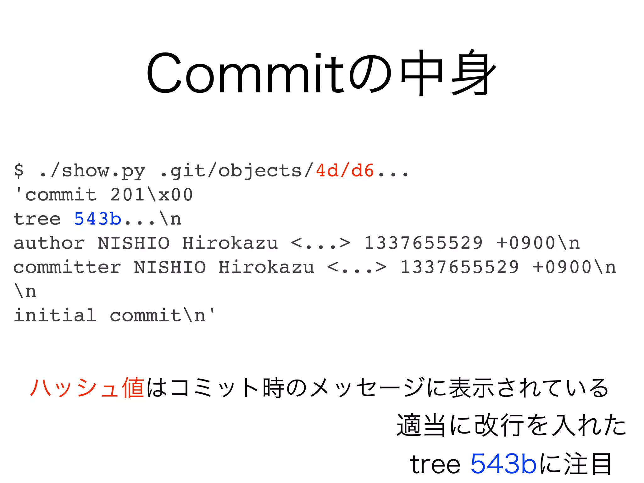 Commitの中身
$ ./show.py .git/objects/4d/d6...
'commit 201x00
tree 543b...n
author NISHIO Hirokazu <...> 1337655529 +0900n
committer NISHIO Hirokazu <...> 1337655529 +0900n
n
initial commitn'


 ハッシュ値はコミット時のメッセージに表示されている
                               適当に改行を入れた
                                tree 543bに注目
 