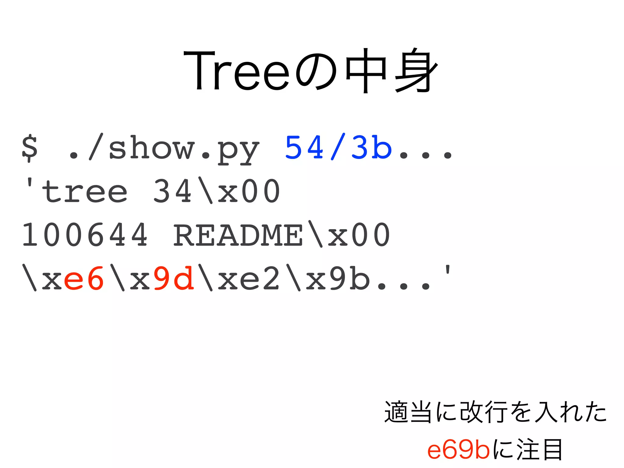 Treeの中身
$ ./show.py 54/3b...
'tree 34x00
100644 READMEx00
xe6x9dxe2x9b...'


                適当に改行を入れた
                  e69bに注目
 