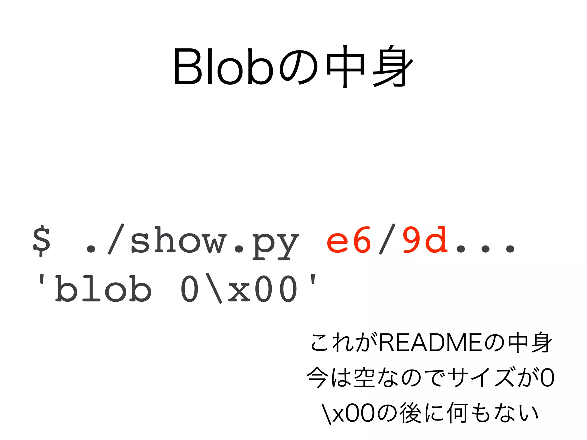 Blobの中身


$ ./show.py e6/9d...
'blob 0x00'
           これがREADMEの中身
           今は空なのでサイズが0
            x00の後に何もない
 