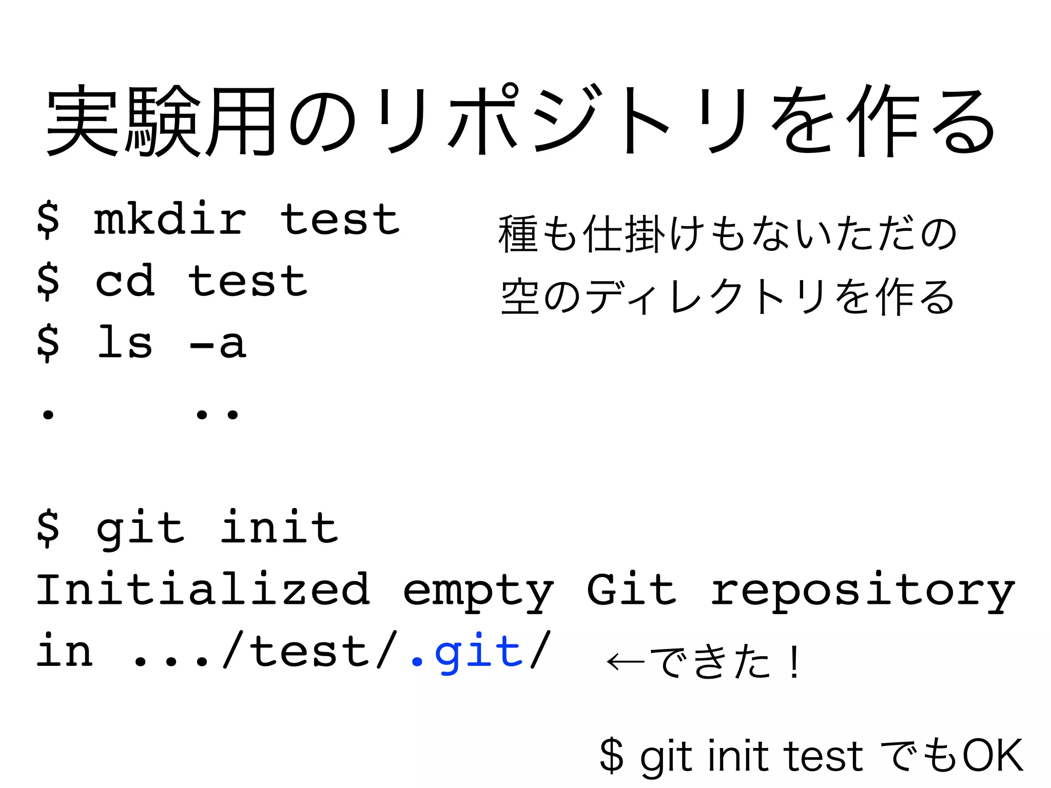 実験用のリポジトリを作る
$ mkdir test   種も仕掛けもないただの
$ cd test      空のディレクトリを作る
$ ls -a
.    ..

$ git init
Initialized empty Git repository
in .../test/.git/ ←できた！

                  $ git init test でもOK
 