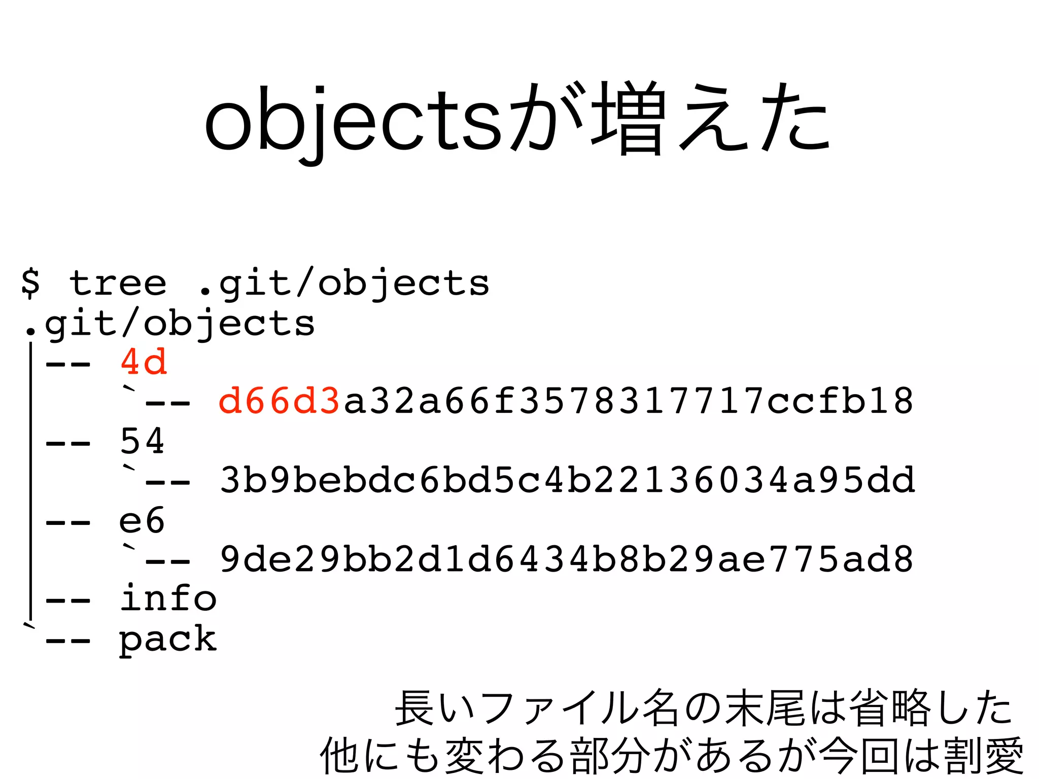 objectsが増えた
$ tree .git/objects
.git/objects
|-- 4d
|   `-- d66d3a32a66f3578317717ccfb18
|-- 54
|   `-- 3b9bebdc6bd5c4b22136034a95dd
|-- e6
|   `-- 9de29bb2d1d6434b8b29ae775ad8
|-- info
`-- pack
              長いファイル名の末尾は省略した
            他にも変わる部分があるが今回は割愛
 