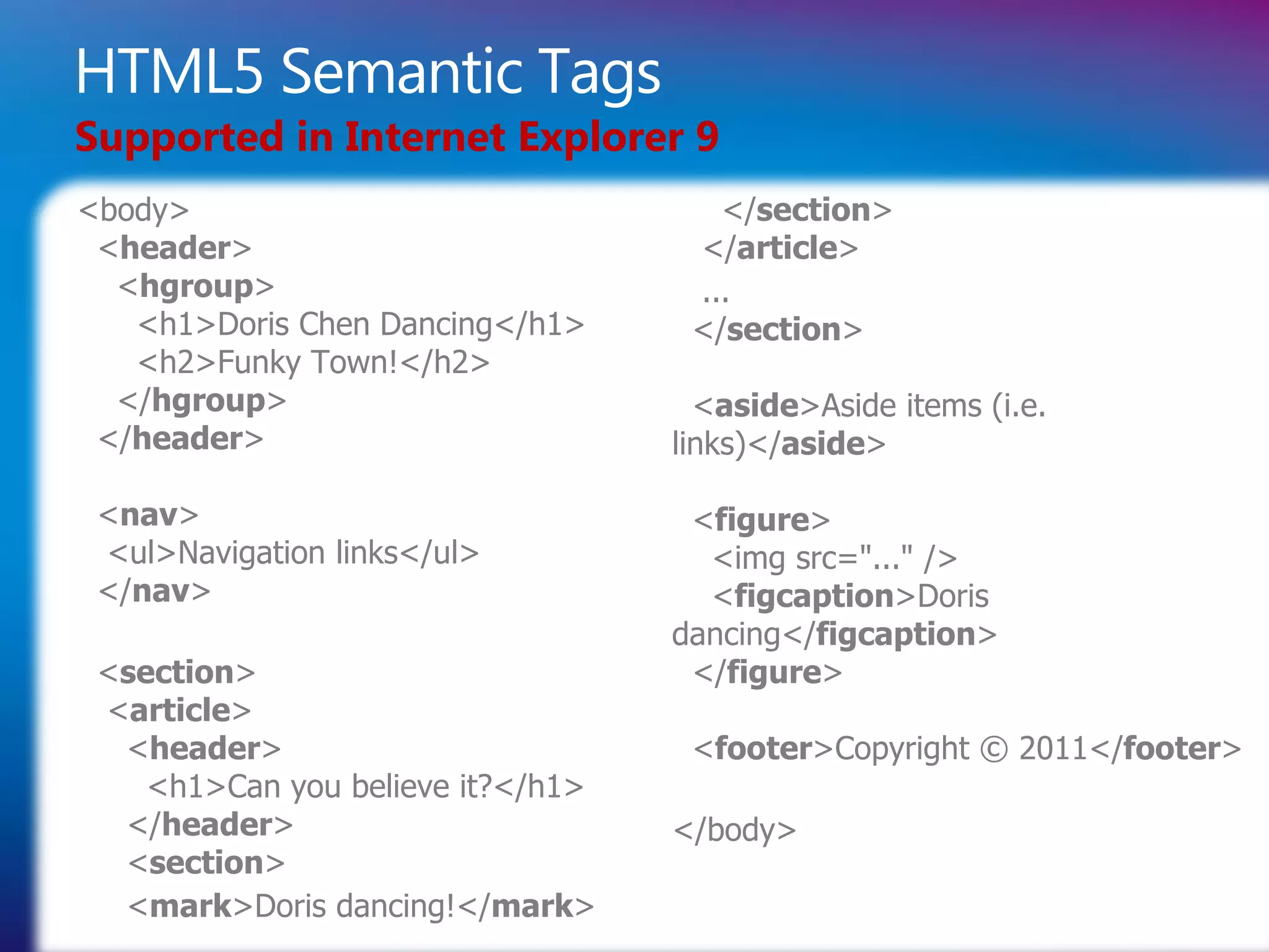 HTML5 Semantic Tags
Supported in Internet Explorer 9
<body>                                </section>
 <header>                           </article>
  <hgroup>                          ...
   <h1>Doris Chen Dancing</h1>      </section>
   <h2>Funky Town!</h2>
  </hgroup>                          <aside>Aside items (i.e.
 </header>                         links)</aside>

 <nav>                              <figure>
 <ul>Navigation links</ul>           <img src="..." />
 </nav>                              <figcaption>Doris
                                   dancing</figcaption>
 <section>                          </figure>
 <article>
  <header>                          <footer>Copyright © 2011</footer>
    <h1>Can you believe it?</h1>
  </header>                        </body>
  <section>
  <mark>Doris dancing!</mark>
 