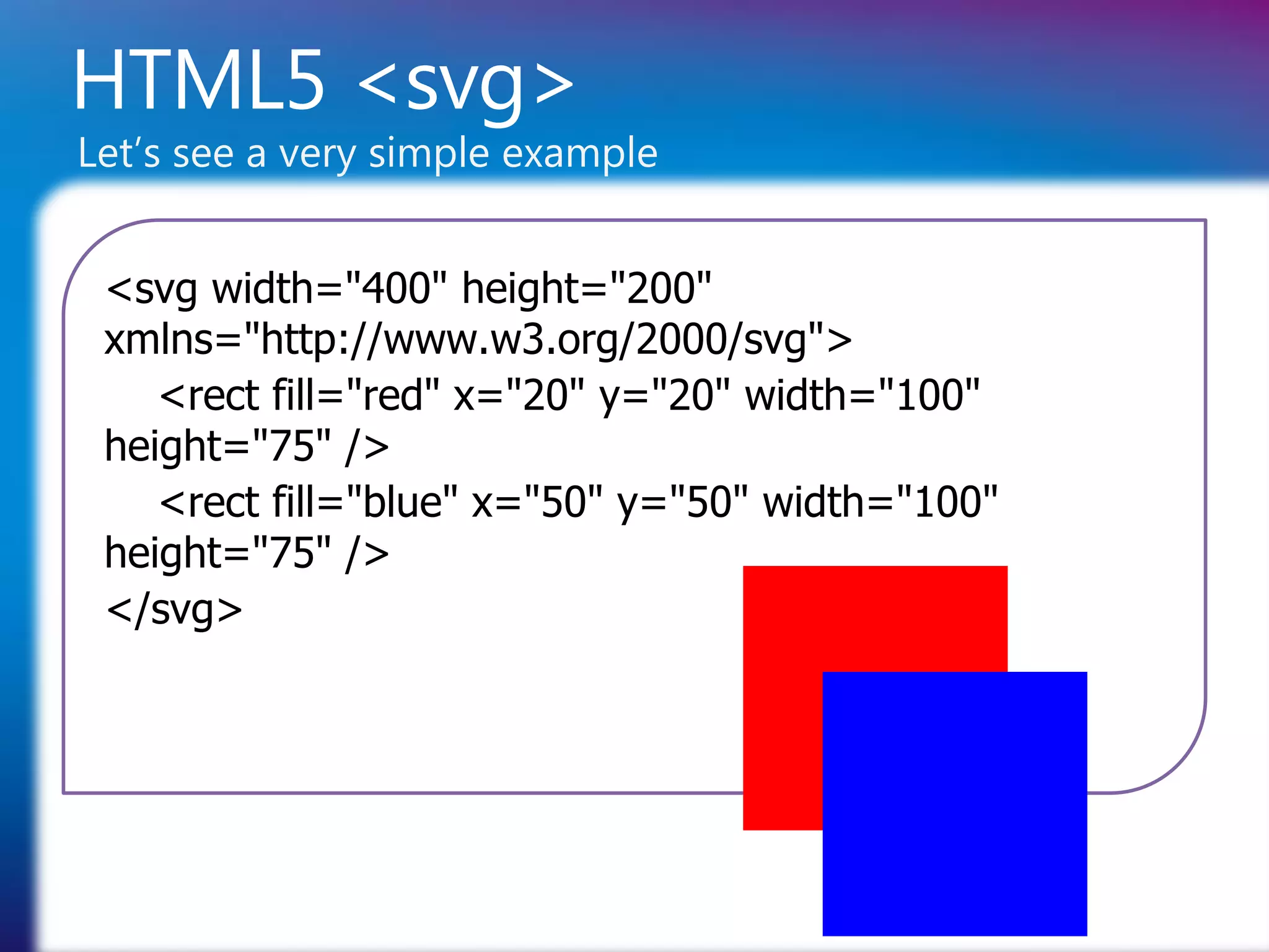 HTML5 <svg>
Let’s see a very simple example


 <svg width="400" height="200"
 xmlns="http://www.w3.org/2000/svg">
    <rect fill="red" x="20" y="20" width="100"
 height="75" />
    <rect fill="blue" x="50" y="50" width="100"
 height="75" />
 </svg>
 