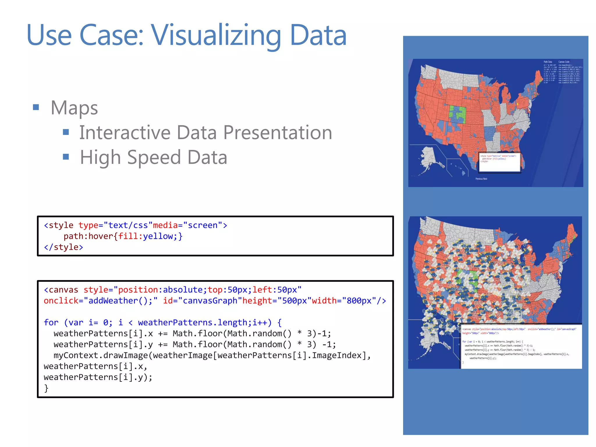 Use Case: Visualizing Data

 Maps
    Interactive Data Presentation
    High Speed Data


 <style type="text/css"media="screen">
     path:hover{fill:yellow;}
 </style>



 <canvas style="position:absolute;top:50px;left:50px"
 onclick="addWeather();" id="canvasGraph"height="500px"width="800px"/>

 for (var i= 0; i < weatherPatterns.length;i++) {
   weatherPatterns[i].x += Math.floor(Math.random() * 3)-1;
   weatherPatterns[i].y += Math.floor(Math.random() * 3) -1;
   myContext.drawImage(weatherImage[weatherPatterns[i].ImageIndex],
 weatherPatterns[i].x,
 weatherPatterns[i].y);
 }
 