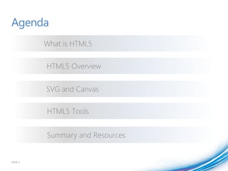 Agenda
         What is HTML5

         HTML5 Overview


         SVG and Canvas

         HTML5 Tools


         Summary and Resources


PAGE 3
 