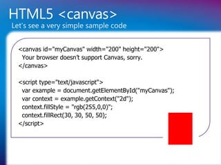 HTML5 <canvas>
Let’s see a very simple sample code


  <canvas id="myCanvas" width="200" height="200">
   Your browser doesn’t support Canvas, sorry.
  </canvas>

  <script type="text/javascript">
   var example = document.getElementById("myCanvas");
   var context = example.getContext("2d");
   context.fillStyle = "rgb(255,0,0)";
   context.fillRect(30, 30, 50, 50);
  </script>
 