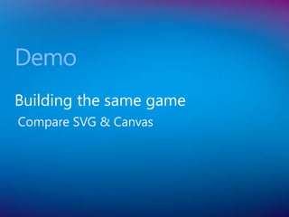 Demo
Building the same game
Compare SVG & Canvas
 