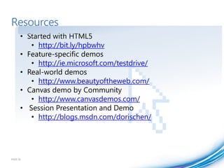 Resources
      • Started with HTML5
         • http://bit.ly/hpbwhv
      • Feature-specific demos
         • http://ie.microsoft.com/testdrive/
      • Real-world demos
         • http://www.beautyoftheweb.com/
      • Canvas demo by Community
         • http://www.canvasdemos.com/
      • Session Presentation and Demo
         • http://blogs.msdn.com/dorischen/




PAGE 56
 