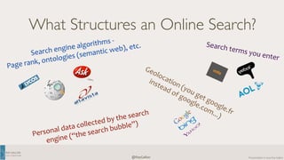RAY 
GALLON 
C U LT U R E C O M 
enter Search 
Presentation 
search 
bubble”) 
@RayGallon 
© 
2014 
Ray 
Gallon 
What Structures an Online Search? 
Search 
terms 
you 
engine 
algorithms 
-­‐ 
Page 
rank, 
ontologies 
(semantic 
web), 
etc. 
Geolocation 
(you 
get 
google.fr 
instead 
of 
google.com...) 
data 
Personal 
by 
collected 
the 
(“the 
engine 
search 
 