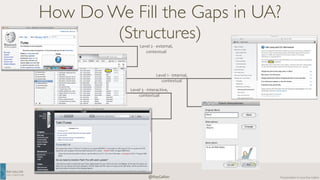 RAY 
GALLON 
C U LT U R E C O M 
How Do We Fill the Gaps in UA? 
Presentation 
(Structures) 
Level 
2 
-­‐ 
external, 
contextual 
Level 
1 
-­‐ 
internal, 
contextual 
@RayGallon 
© 
2014 
Ray 
Gallon 
Level 
3 
-­‐ 
interactive, 
contextual 
 