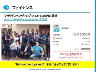 Copyright © DIVE INTO CODE Corp. All Rights Reserved. 
ファイナンス 
クラウドファンディングで 5,418,000円を調達 
https://readyfor.jp/projects/22591 
“Murakoze cya ne!!” 本当にありがとうございます！
 