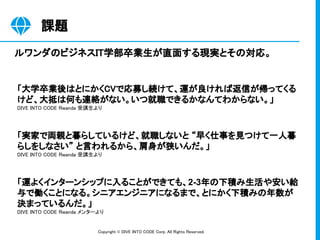 Copyright © DIVE INTO CODE Corp. All Rights Reserved. 
「大学卒業後はとにかくCVで応募し続けて、運が良ければ返信が帰ってくる
けど、大抵は何も連絡がない。いつ就職できるかなんてわからない。」
DIVE INTO CODE Rwanda 受講生より 
 
 
 
「実家で両親と暮らしているけど、就職しないと “早く仕事を見つけて一人暮
らしをしなさい” と言われるから、肩身が狭いんだ。」
DIVE INTO CODE Rwanda 受講生より 
 
 
 
「運よくインターンシップに入ることができても、2-3年の下積み生活や安い給
与で働くことになる。シニアエンジニアになるまで、とにかく下積みの年数が
決まっているんだ。」
DIVE INTO CODE Rwanda メンターより 
課題 
ルワンダのビジネスIT学部卒業生が直面する現実とその対応。 
 