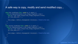 A safe way is copy, modify and send modified copy...
class first_modificator final : public so_5::agent_t {
void on_fragment(mhood_t<raw_image_fragment> cmd) {
auto cp = std::make_unique<raw_image_fragment>(*cmd);
cp->raw_data_[0] = ...;
...
next_stage_->deliver_message(std::move(cp)); // Send to the next.
}
...
};
class second_modificator final : public so_5::agent_t {
void on_fragment(mhood_t<raw_image_fragment> cmd) {
auto cp = std::make_unique<raw_image_fragment>(*cmd);
cp->raw_data_[1] = ...;
...
next_stage_->deliver_message(std::move(cp)); // Send to the next.
}
...
};
SObjectizer Team, May 2017
 