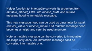 Helper function to_immutable converts its argument from
mutable_mhood_t<M> into mhood_t<M> and returns
message hood to immutable message.
This new message hood can be used as parameter for send,
request_value or receive_future. Old mutable message hood
becomes a nullptr and can't be used anymore.
Note: a mutable message can be converted to immutable
message only once. An immutable message can't be
converted into mutable one.
SObjectizer Team, May 2017
 