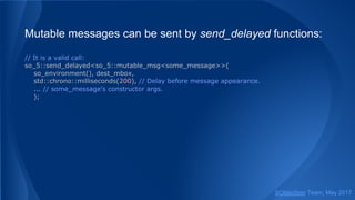 Mutable messages can be sent by send_delayed functions:
// It is a valid call:
so_5::send_delayed<so_5::mutable_msg<some_message>>(
so_environment(), dest_mbox,
std::chrono::milliseconds(200), // Delay before message appearance.
... // some_message's constructor args.
);
SObjectizer Team, May 2017
 