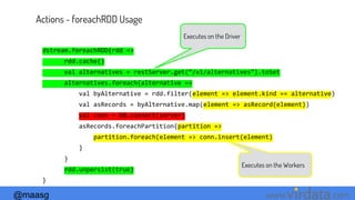 @maasg www. .com
Actions - foreachRDD Usage
dstream.foreachRDD{rdd =>
rdd.cache()
val alternatives = restServer.get(“/v1/alternatives”).toSet
alternatives.foreach{alternative =>
val byAlternative = rdd.filter(element => element.kind == alternative)
val asRecords = byAlternative.map(element => asRecord(element))
val conn = DB.connect(server)
asRecords.foreachPartition{partition =>
partition.foreach(element => conn.insert(element)
}
}
rdd.unpersist(true)
}
Executes on the Driver
Executes on the Workers
 