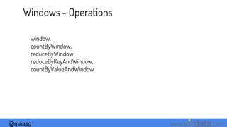 @maasg www. .com
Windows - Operations
window,
countByWindow,
reduceByWindow,
reduceByKeyAndWindow,
countByValueAndWindow
 