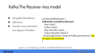 @maasg www. .com
Kafka:The Receiver-less model
Simplified Parallelism
Efficiency
Exactly-once semantics
Less degrees of freedom
val directKafkaStream =
KafkaUtils.createDirectStream[
[key class],
[value class],
[key decoder class],
[value decoder class] ](
streamingContext, [map of Kafka parameters], [set
of topics to consume]
)
spark.streaming.kafka.maxRatePerPartition
 