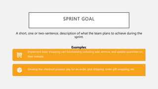 SPRINT GOAL
Implement basic shopping cart functionality including add, remove, and update quantities on
their website.
Develop the checkout process: pay for an order, pick shipping, order gift wrapping, etc.
A short, one or two-sentence, description of what the team plans to achieve during the
sprint.
Examples:
 