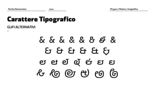 Partito Democratico     2012       FF3300 / Molotro / Imaginifica




Carattere Tipografico
GLIFI ALTERNATIVI
–


                      � � � � � � � &
                       � � � � � �
                      � � � � � � �
                      � � � � � �
 