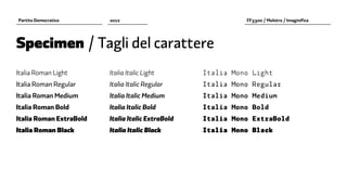 Partito Democratico      2012                                FF3300 / Molotro / Imaginifica




Specimen / Tagli del carattere
Italia Roman Light       Italia Italic Light       Italia Mono Light
Italia Roman Regular     Italia Italic Regular     Italia Mono Regular
Italia Roman Medium      Italia Italic Medium      Italia Mono Medium
Italia Roman Bold        Italia Italic Bold        Italia Mono Bold
Italia Roman ExtraBold   Italia Italic ExtraBold   Italia Mono ExtraBold
Italia Roman Black       Italia Italic Black       Italia Mono Black
 