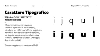Partito Democratico               2012                 FF3300 / Molotro / Imaginifica




Carattere Tipografico

                                                  i		j		q		u		l
TERMINAZIONI "SPEZZATE"
AI TRATTI DRITTI
–
È l’elemento di maggiore evidenza
(anche se è presente in poche lettere),



                                                  i		j		q		u		l
introdotto per rafforzare l’effetto spigolosità
introdotto dalle delle variazioni di tensione,
ma al contempo per smorzarne l’eccessiva
formalità [conferire al carattere una leggera
dose di informalità].

Diventa maggiormente evidente nel bold.
 