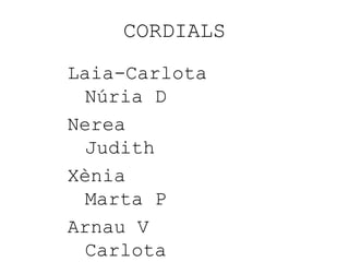 CORDIALS
Laia-Carlota
Núria D
Nerea
Judith
Xènia
Marta P
Arnau V
Carlota
 