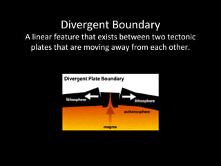 Divergent Boundary
A linear feature that exists between two tectonic
plates that are moving away from each other.
 
