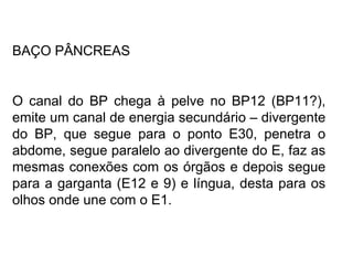 BAÇO PÂNCREAS
O canal do BP chega à pelve no BP12 (BP11?),
emite um canal de energia secundário – divergente
do BP, que segue para o ponto E30, penetra o
abdome, segue paralelo ao divergente do E, faz as
mesmas conexões com os órgãos e depois segue
para a garganta (E12 e 9) e língua, desta para os
olhos onde une com o E1.
 