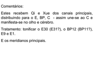 Comentários:
Estes recebem Qi e Xue dos canais principais,
distribuindo para o E, BP, C - assim une-se ao C e
manifesta-se no olho e cérebro.
Tratamento: tonificar o E30 (E31?), o BP12 (BP11?),
E9 e E1.
E os meridianos principais.
 