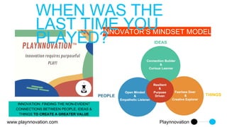 Playnnovation
www.playnnovation.com
INNOVATOR’S MINDSET MODEL
WHEN WAS THE
LAST TIME YOU
PLAYED?
INNOVATION: FINDING THE NON-EVIDENT
CONNECTIONS BETWEEN PEOPLE, IDEAS &
THINGS TO CREATE A GREATER VALUE
 