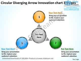 Circular Diverging Arrow Innovation chart 3 Stages

                                         Your Text Here
                                         Bring your presentation
                                 1       to life. Capture your
                                         audience’s attention.




                              Put Text
                               Here

                          3                     2
Your Text Here                                          Put Text Here
Bring your presentation                                  Bring your presentation
to life. Capture your                                    to life. Capture your
audience’s attention.                                    audience’s attention.
                                                                       Your Logo
 