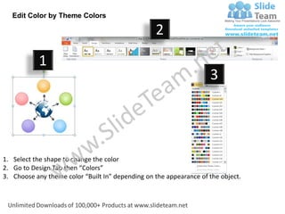 Edit Color by Theme Colors

                                                  2
           1
                                                                    3




1. Select the shape to change the color
2. Go to Design Tab then “Colors”
3. Choose any theme color “Built In” depending on the appearance of the object.
 